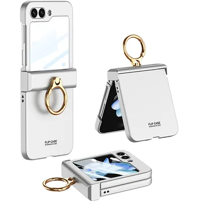 Obrázek produktu pro Pouzdro pro Samsung Galaxy Z Flip 5 Matné tvrdé PC pouzdro s integrovanou ochranou displeje, ochranou pantu a kroužkovým stojánkem Stříbro