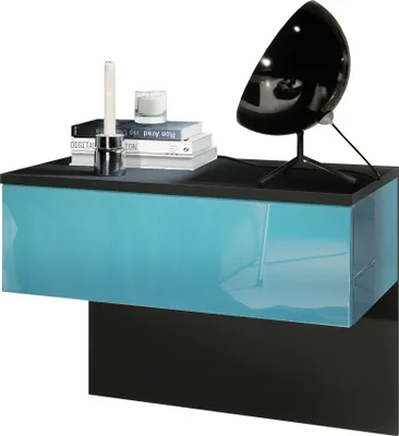 Produktbild von Vladon Nachttisch Sleep,  Germany, Nachttischschrank mit Schublade zur Wandmontage, Schwarz matt/Petrol Hochglanz (60 x 46 x 35 cm)