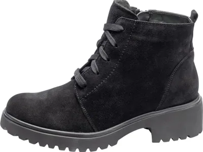 A black suede boot with laces and a zipper on a white background.