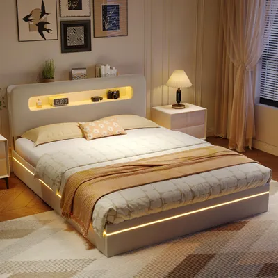 Produktbild von Boxspringbett 140x200cm mit Stauraum, Polsterbett mit LED-Beleuchtung, Hydraulisches Stauraumbett mit Bettkasten,Bett mit Lattenrost ,Samt, Beige