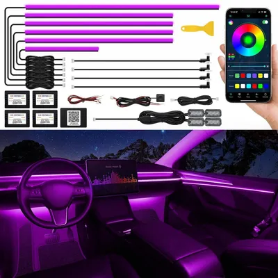 Zdjęcie produktu dla Oświetlenie LED do wnętrza samochodu, RGB, 14 kolorów, sterowanie za pomocą aplikacji i muzyki, 175 cali, 593 diody LED, listwy świetlne z akrylu, 16 milionów kolorów