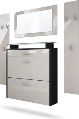 Produktbild von Vladon Garderobe Malea, Garderobenset bestehend aus 1 Hängeschuhschrank, 1 Wandspiegel und 2 Garderobenpaneele, Schwarz matt/Sandgrau Hochglanz