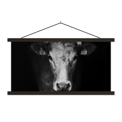 Produktbild von MuchoWow® Textilposter Tiere - Kuh - Schwarz - Weiß - Kuhkopf 90x45 cm mit schwarzem Rahmen - Klemmleisten