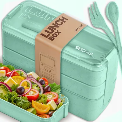 Produktbild von Kuketo | Brotdose 3-stöckig - 900 ml - grüner Behälter - BPA-frei - praktisch und vielseitig