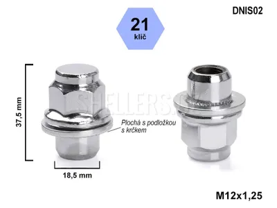 Obrázek produktu pro Kolová matice M12x1,25 zavřená s plochou podložkou, klíč 21, DNIS02, výška 37,5 mm