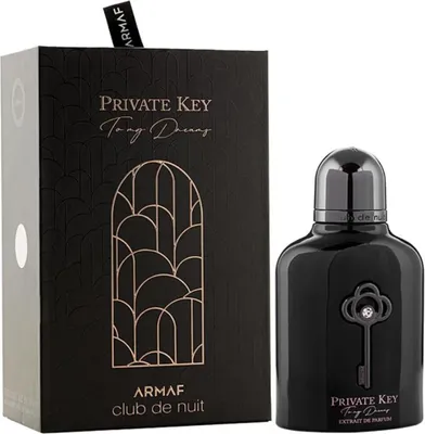 A black perfume bottle and its matching box are displayed against a white background.