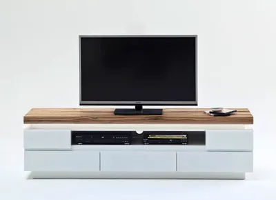Zdjęcie produktu dla Szafka pod telewizor Romina 1 | biały mat / lity dąb | z oświetleniem LED