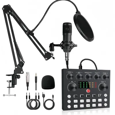 Immagine prodotto di Set scheda audio e microfono wireless - Mixer Bluetooth - Per PC e smartphone - Live streaming e registrazione - Nero