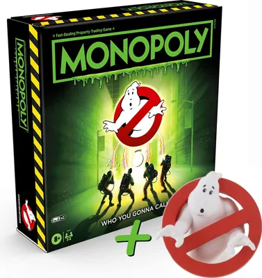 The image shows the Monopoly Ghostbusters board game box and a collectible ghost figure.