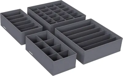 Zdjęcie produktu dla Zestaw 4 organizerów do szuflad - Składane pojemniki do przechowywania bielizny i skarpet - Wykonane z nietkanego materiału - Kolor: szary