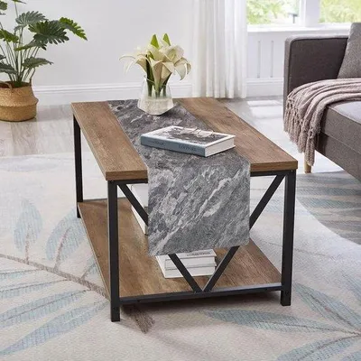 Immagine prodotto di Tovaglia decorativa grigia - moderna - elegante - in lino -  - arte astratta - texture effetto marmo - lavabile - 40 x 140 cm