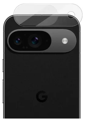 A close-up of the back of a black Google Pixel phone, showing the camera module and a clear screen protector placed over it.