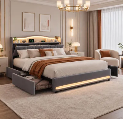Zdjęcie produktu dla Łóżko tapicerowane INONEFT, 140x200 cm, podwójne, z podświetleniem LED i portami USB, łóżko młodzieżowe z 4 szufladami i przestrzenią do przechowywania w zagłówku, stelaż łóżka, aksamit, kolor szary