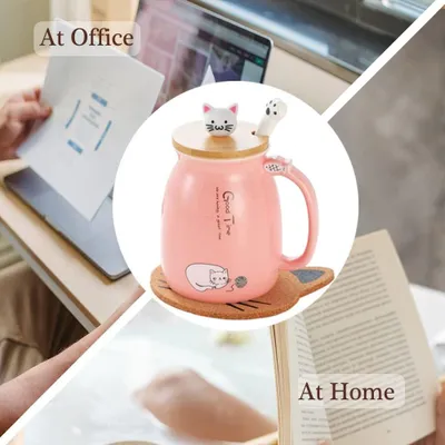 Produktbild von Famanu Keramische Kaffeetasse mit Katzenmotiv - 380 ml - Rosa