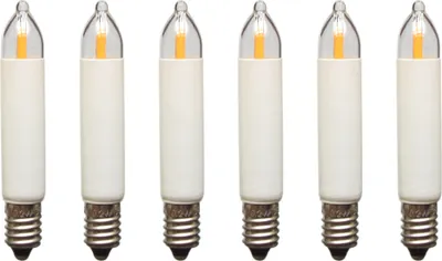 Six LED filament candle bulbs arranged in a row against a white background.