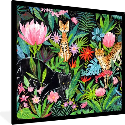 Produktbild von MuchoWow® Gerahmtes Poster Dschungel - Tiere - Blätter - Blumen 40x40 cm - Poster mit Schwarzem Bilderrahmen Wandposter Rahmen Foto Bilder - Mit Rahmen - Wanddekoration Schlafzimmer