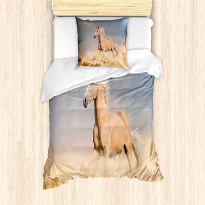 Produktbild von ABAKUHAUS Pferde Mantele, Palomino-Sand-Wüste, Milbensicher Allergiker geeignet mit Kissenbezügen, 135 cm x 200 cm - 80 x 80 cm, Lila Grau Peach