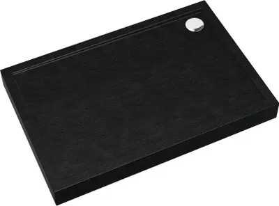 A black rectangular shower tray with a silver drain cover.