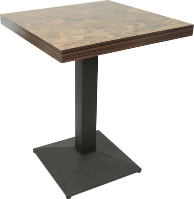 A square table with a wood-grain top and a black pedestal base, isolated on a white background.