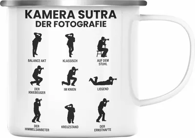 Produktbild von Trendation - Fotograf Emaille Tasse Zubehör Fotografie Geschenk Fotografieren Emaille Emaille Tasse Geschenkideen Lustiger Spruch Kamera Sutra (Silber)