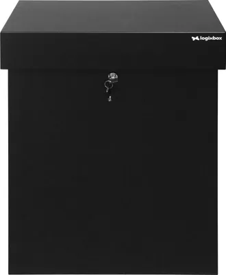 A black parcel box with a lock and key.