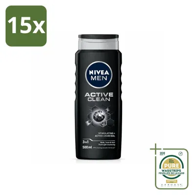 Obrázok produktu pre 15 kusov gélu na umývanie tela NIVEA MEN Active Clean 3 v 1 – 500 ml – balenie s rezervou – 15 kusov