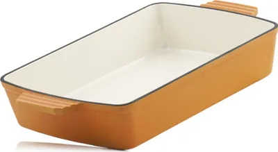 Zdjęcie produktu dla Mahlzeit żeliwne naczynie żaroodporne kwadratowe 3,8 litra | Sunny Orange | Nadaje się do indukcji, zawiera 2 uchwyty