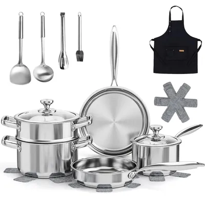 Image de set de 16 casseroles à induction en acier inoxydable avec couvercles en verre et ustensiles