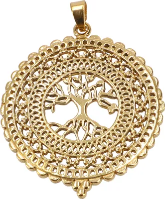 Produktbild von Amulett mit Tree of Life Mandala, Bohoschmuck, Tribalkette - Gold, Gold-Farben, Messing, Kettenanhänger, Amulette, Modeschmuck