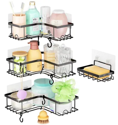Image de Étagère de douche sans perçage, lot de 2, en acier inoxydable, noire, avec 4 crochets