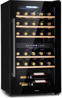 A black wine cooler refrigerator with several shelves filled with wine bottles.