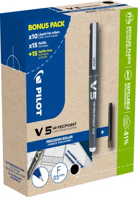 Image de PILOT 556237 Roller à encre PILOT V5 HI-TECPOINT, noir, BONUSPACK