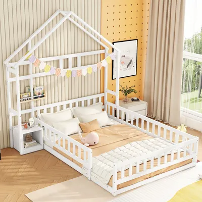 Obrázek produktu pro Dětská postel Merax 140x200 cm s ochranou proti vypadnutí, nočním stolkem a lamelovým roštem, podlaha z masivního dřeva, jednolůžko a dvoulůžko, postel v domě, bílá