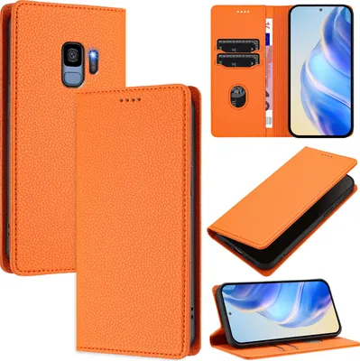 Produktbild von Litchi Leder Handyhülle für Samsung Galaxy S9 Wallet Kartenfächer Standfunktion Hülle Orange