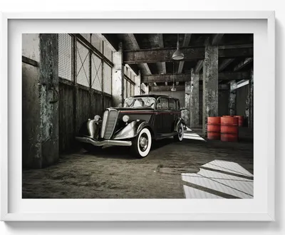 Produktbild von Oldtimer in einer alten Fabrik– Wandbild mit Rahmen – Gerahmtes Bild  – Wanddekoration – 80x60 cm –  Weiß Rahmen