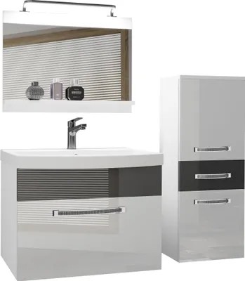 Produktbild von BELINI Badmöbel Vollausstattung Set Waschbeckenschrank, kleiner Schrank, Waschbecken, Spiegel, Lampe (Weiß/ Silber, Glänzend)