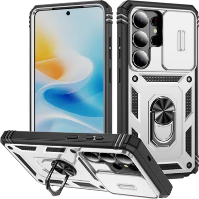 Immagine prodotto di Custodia per Samsung Galaxy S26 Ultra con protezione scorrevole per fotocamera, robusta e resistente agli urti, con anello, supporto e porta carte Bianco