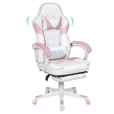 Produktbild von Puluomis Gaming Stuhl mit Massage und Fußstütze 150kg, Bürostuhl Ergonomisch Chefsessel Schreibtischstuhl Racing Stuhl Computerstuhl Rosa Pink Weiß