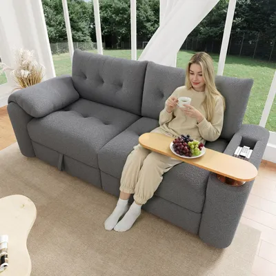 Produktbild von Merax Teddyplüsch Sofa 3-Sitzer modular mit Hydraulik Stauraum, Kopfstütze, Beistelltisch, Polstersofa, Schlafcouch für Apartment & Wohnzimmer, Grau