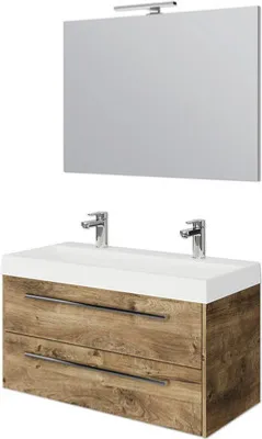 Produktbild von Pelipal Badmöbel-Set Milano BxHxT 100 x 200 x 45 cm Frontfarbe eiche ribbeck mit Mineralguss-Doppelwaschtisch weiß SET-1