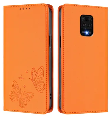 Obrázek produktu pro Kožené pouzdro pro Xiaomi Redmi Note 9S/ 9 Pro/ 9 Pro Max, motýlí ražbou, peněženkové flip pouzdro se stojánkem Oranžová