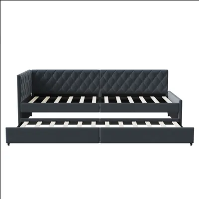 Produktbild von CDGlobal Polsterbett 90x200cm Einzelbettt mit ausziehbarem Unterbett, Massivholzbett mit Lattenrost und Stauraumbett Gästebett Tagesbett, Schwarz