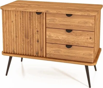 Produktbild von Kommode Tula Wildeiche massiv 97x46x72 mit 3 Schubladen 1 Tür und Riffelfront