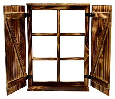 Produktbild von Deko-Fenster Sprossenfenster mit Fensterläden Holz geflammt Holzfensterrahmen Dekofensterrahmen Dekorahmen Dekofenster