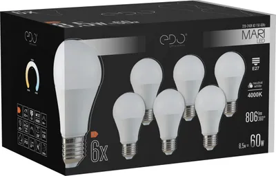 A product box for a set of LED light bulbs, showing the packaging and several of the bulbs.