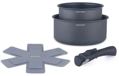 Produktbild von ARTHUR MARTIN AM2984 Set 2 Aluminium-Stielkasserollen 16 & 20 cm, Antihaftbeschichtung, abnehmbarer Griff, matt grau