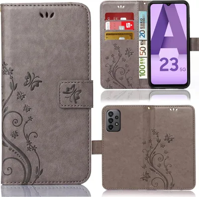 Produktbild von Handy Tasche für Samsung Galaxy A23 / A23 5G Schutz Hülle Handyhülle mit Blumenmuster Klapp Hülle mit Standfunktion und Kartenfächer Grau