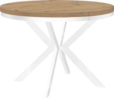Produktbild von Runder Ausziehbarer Tisch für Esszimmer ENDIK mit Ring-Gestell und Metallbeinen, Durchmesser: 90 / 140 cm, Farbe: Eiche Artisan / Weiß