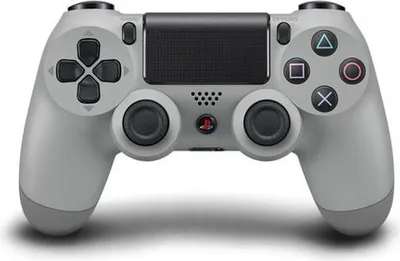 A gray PlayStation 4 controller is shown from the front.