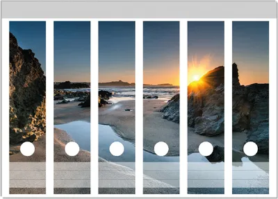 Produktbild von Wallario Ordnerrücken Sticker, selbstklebend für breite Ordner, 6 Stück, Motiv Sonnenuntergang hinter einem Felsen am Strand